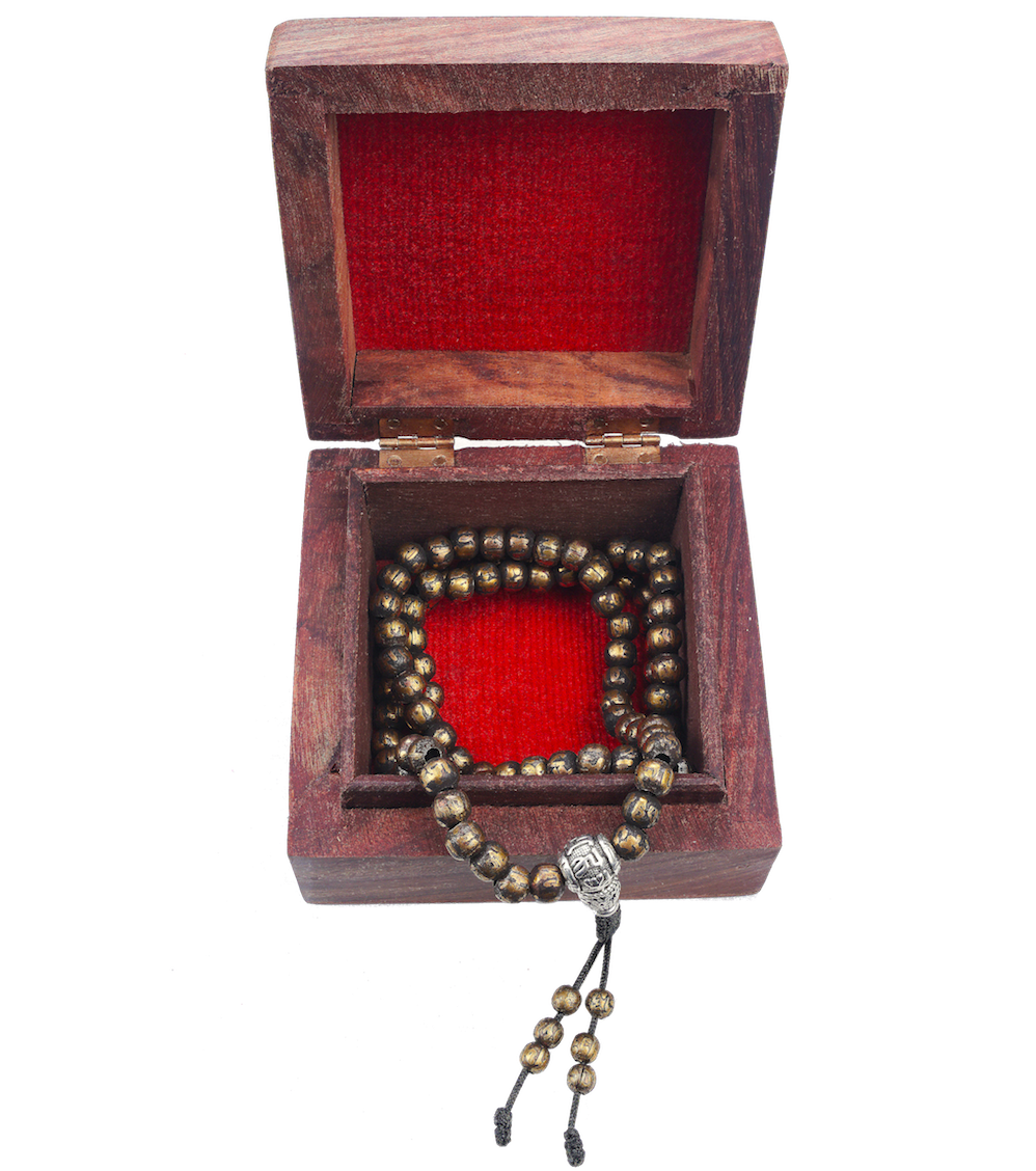 Monk Blessed 108 Bead Brass Mala in Rosewood Box
