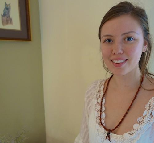 Red Rosewood Prayer Mala as a Necklace