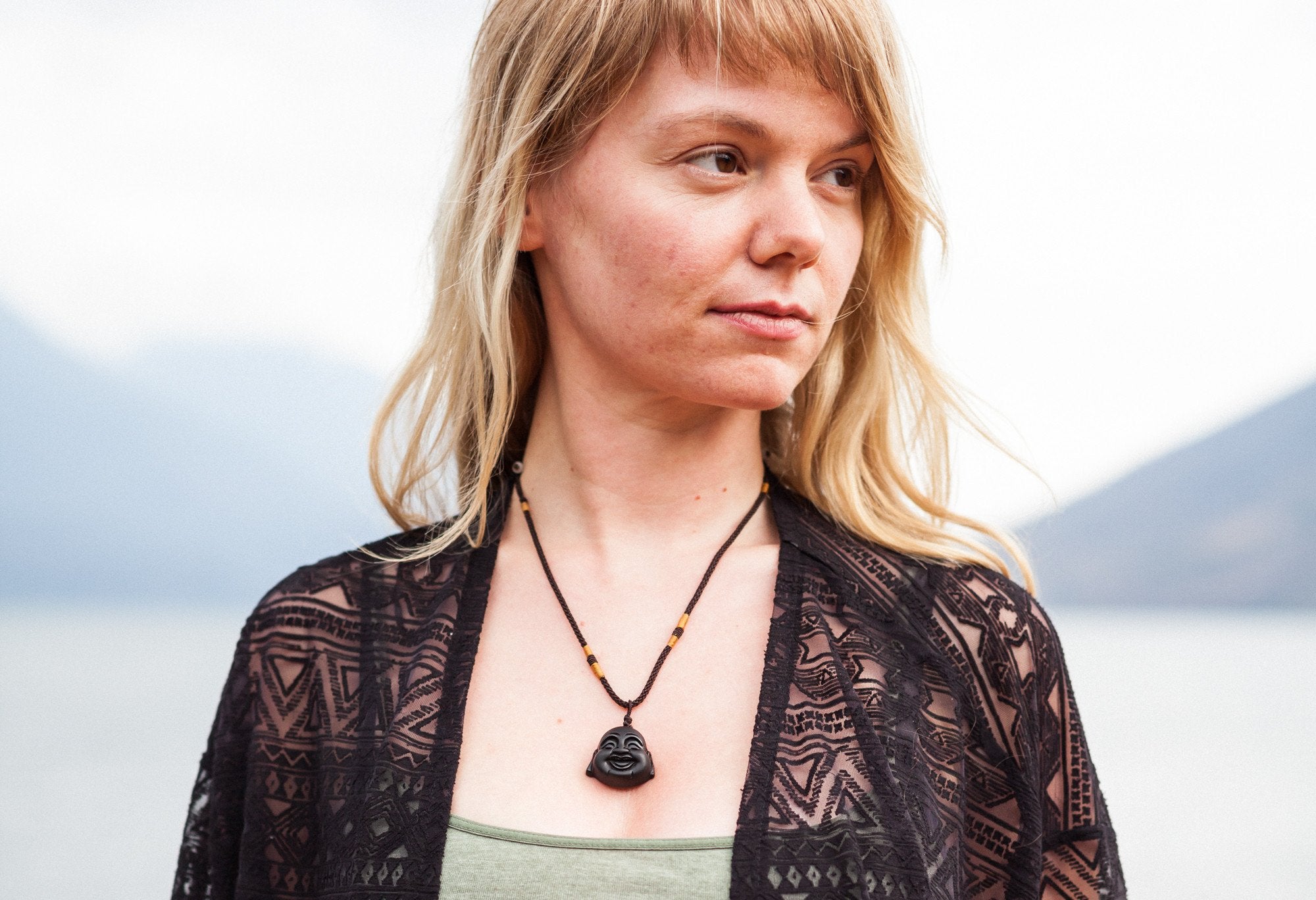 Happy Buddha Head (Pure Obsidian) as a Necklace