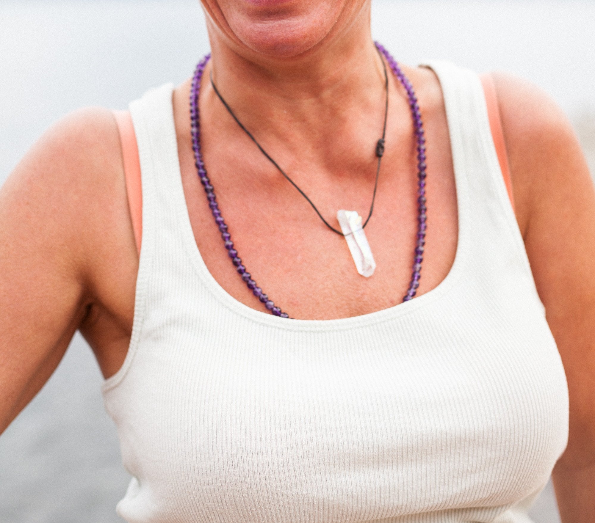 Pure Purple Amethyst Mala Worn as a Necklace