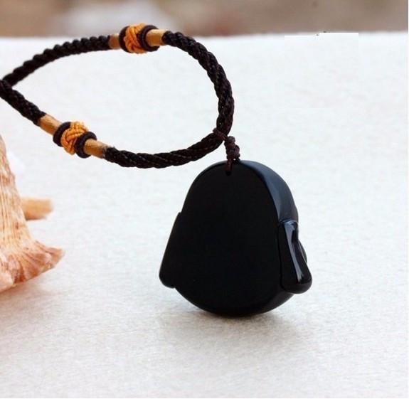 Happy Buddha Head (Pure Obsidian Pendant with Necklace)