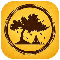Enlighten Me app icon: a tree and seated figure inside a Zen brush circle on gold.